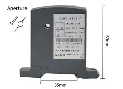Dimension
	



Wiring

Cable Wiring of BA Series Current Transducer with DC Current Output	
Cable Wiring of BA Series Current Transducer with DC Voltage Output


Installation

Screw fixed installation

On the bottom panel of the cabinet, choose a suitable place to open two threaded holes corresponding to the position of the fixed hole of the installed sensor; After placing the sensor, install the positioning screw	
Din Rail installation

Choose a suitable place to install the standard DIN35mm rail,and install the BA sensor on the rail.