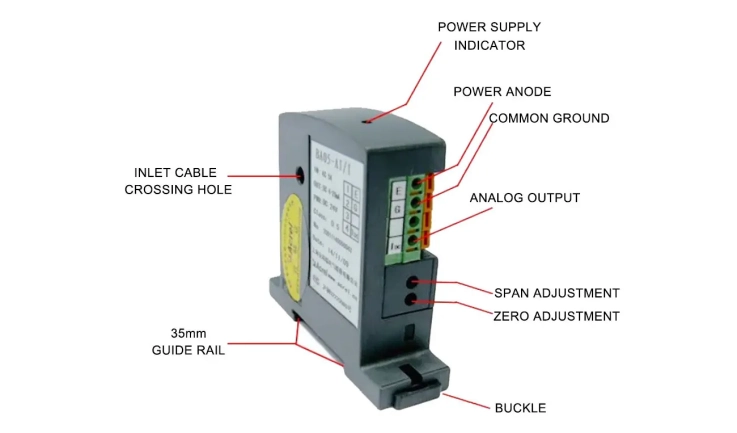Dimension
	



Wiring

Cable Wiring of BA Series Current Transducer with DC Current Output	
Cable Wiring of BA Series Current Transducer with DC Voltage Output


Installation

Screw fixed installation

On the bottom panel of the cabinet, choose a suitable place to open two threaded holes corresponding to the position of the fixed hole of the installed sensor; After placing the sensor, install the positioning screw	
Din Rail installation

Choose a suitable place to install the standard DIN35mm rail,and install the BA sensor on the rail.